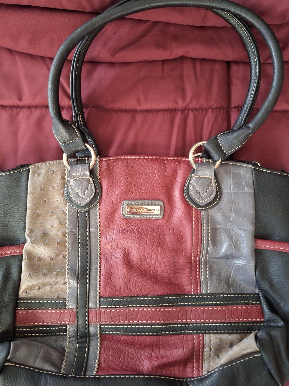 Multi-Color Patchwork Faux Leather Tote Bag - Red, Brown, Gray